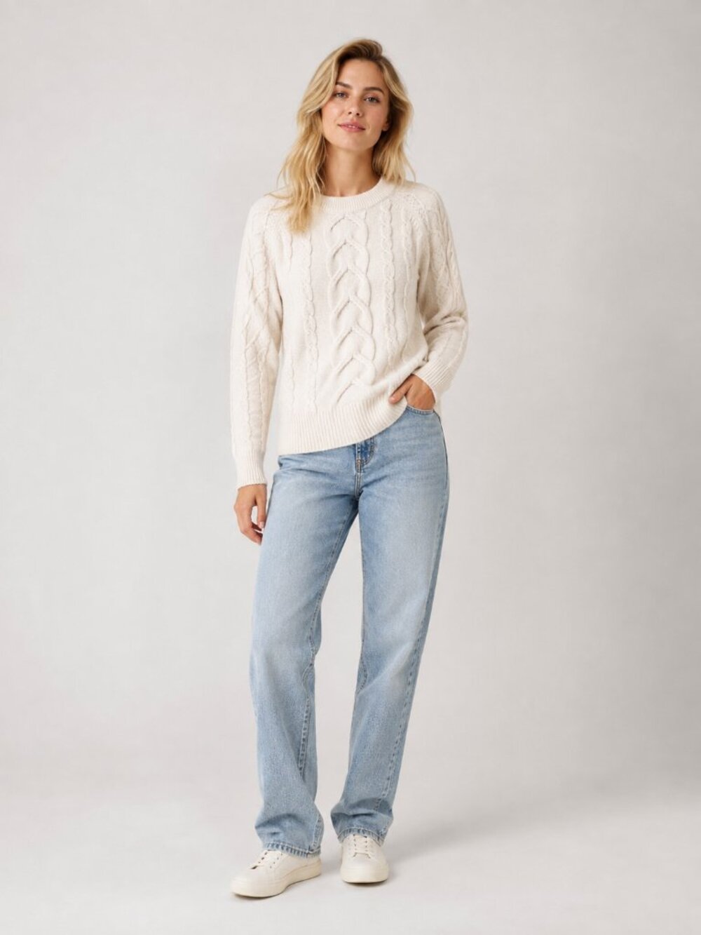 2/$30 TAHARI Cable-Knit Crew Neck Sweater Ivory Small #A4281